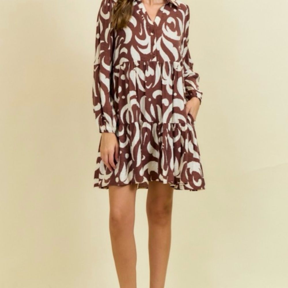 Doe and Rae Chocolate Leaf Printed Poplin Half Button Down Mini Dress - Picture 5 of 5